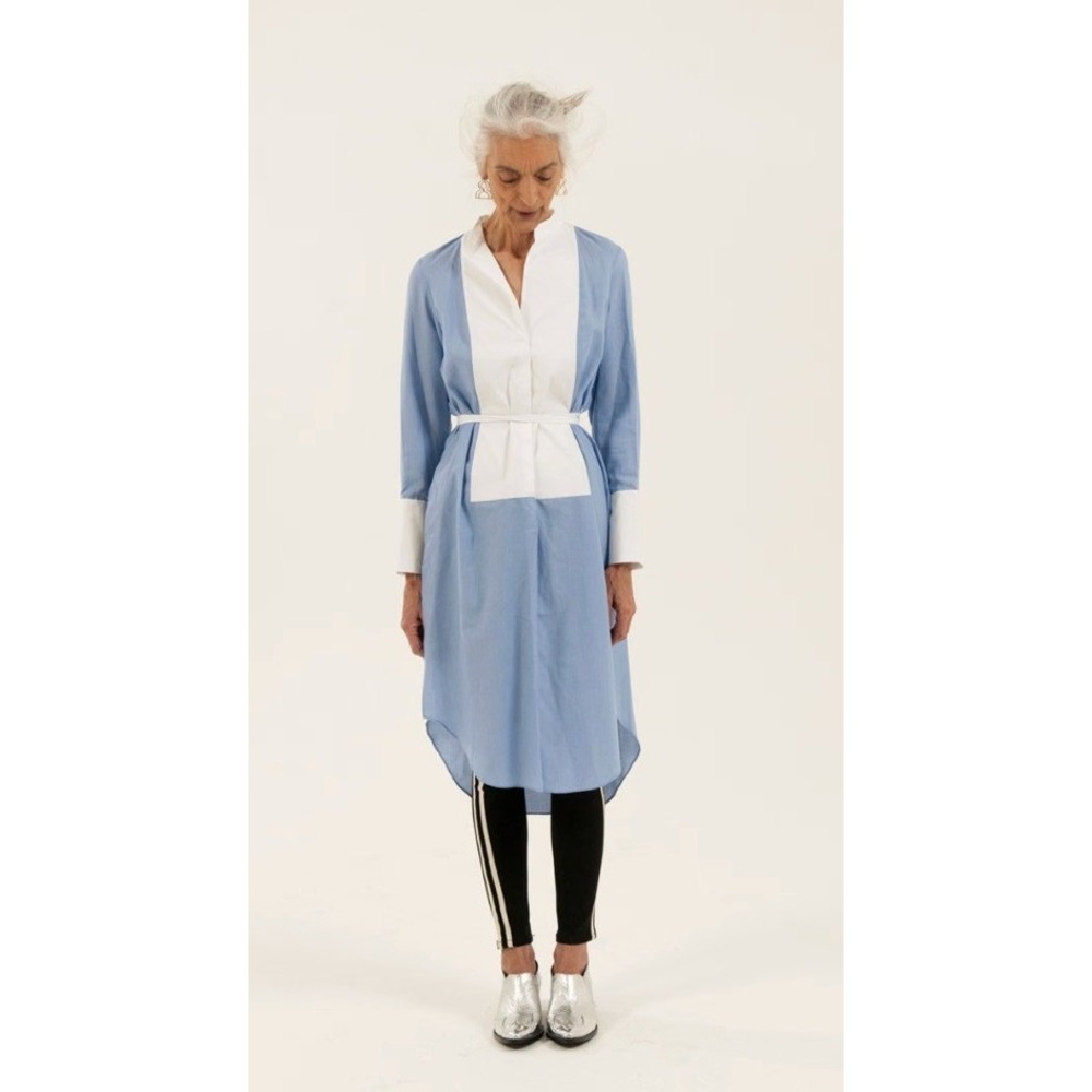 Zara Women's Sz XS Midi Shirt Dress Blue White Colorblock Slit Sides Long Sleeve